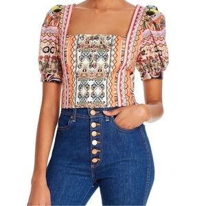 Alice + Olivia Margarite Tie Front Puff Sleeve Cropped Top